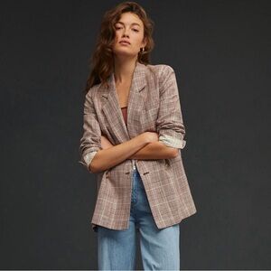 NWT Anthropologie Maeve linen blend brown plaid Double-Breasted Blazer size 10